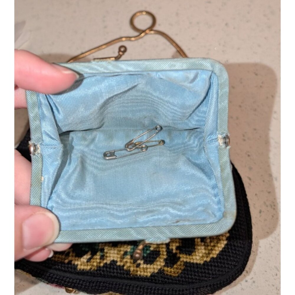 Vintage Floral Needlepoint Evening Bag Metal Frame Chain Strap etched clasp - Picture 7 of 16